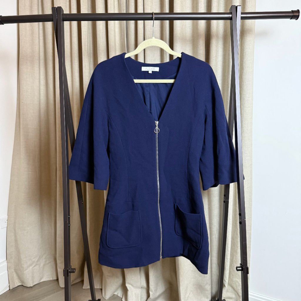 Alexis | Size L | Dominique Navy Blue Wool Mini Dress With Exposed Silver Zip